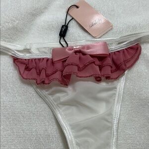 (VHTF)Silky White Thong with Pink Ruffle and Bow. BNWT